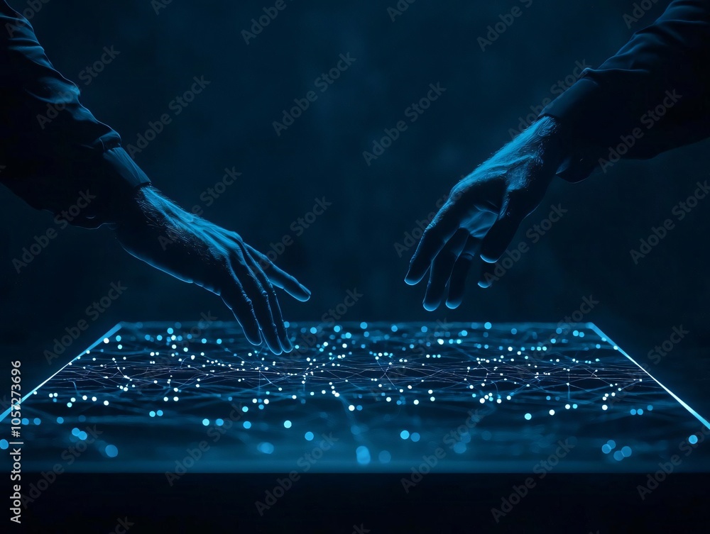 Aufkleber futuristic interaction with a glowing digital interface, showcasing hands reaching towards a network
