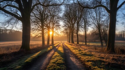 Fototapeta premium Sunrise over a tranquil path framed by tall trees in a peaceful landscape.