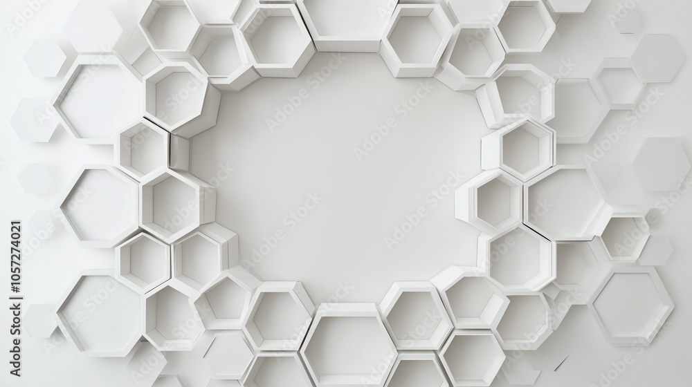 Poster a white abstract design with a white circle in the middle. the circle is surrounded by hexagonal sha