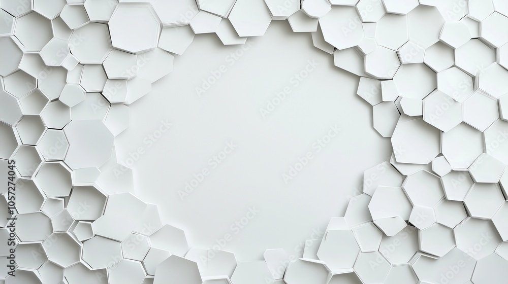 Poster a white abstract design with a white circle in the middle. the circle is surrounded by hexagonal sha