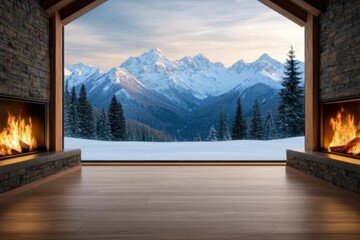 Discover a Ski Lodge with Mountains in View Experience the Cozy Fireplace and Embrace the Snowy Alpine Atmosphere for Your Ultimate Winter Retreat in a Picturesque Setting