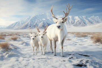 Obraz premium Discover a Holiday Card Featuring Reindeer Family in Winter Landscape with Soft Colors Enchanting Seasonal Greetings and Festive Charm for a Perfect Christmas Celebration, Order Now