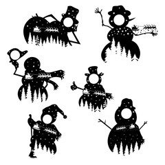 Snowman Background, Christmas Scene, Hand Drawn Vector Illustration