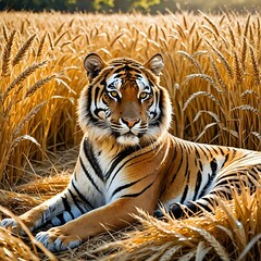 A tiger resting in a field