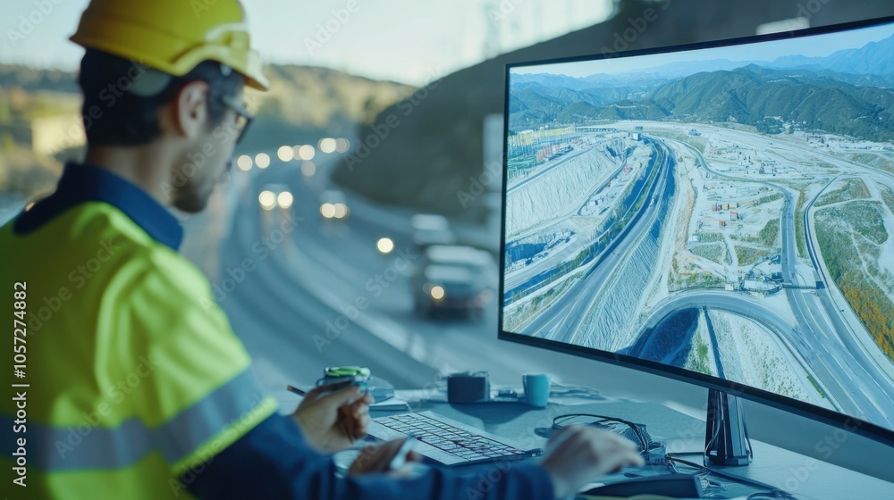 Poster engineers reviewing a digital model of a highway expansion project, with 3d renderings of the