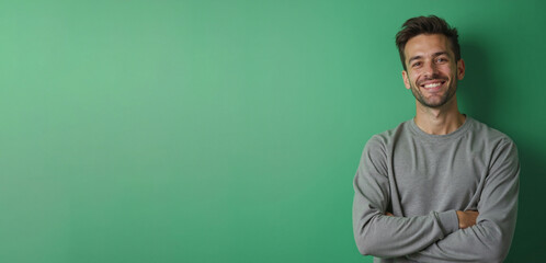 Fototapeta premium Cheerful man smiling confidently against green background with copy space