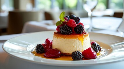 Ricotta cheesecake topped with berries and honey in an elegant, modern Italian setting