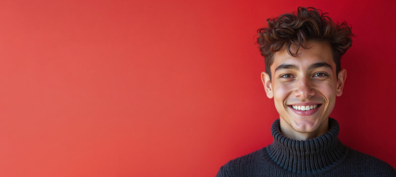 Young man smiling confidently against vibrant red background with copy space