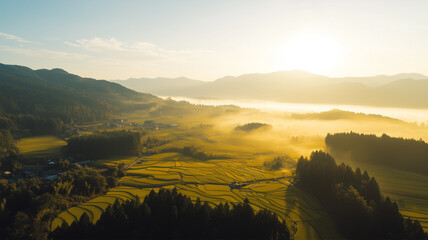 秋の棚田と霞む山