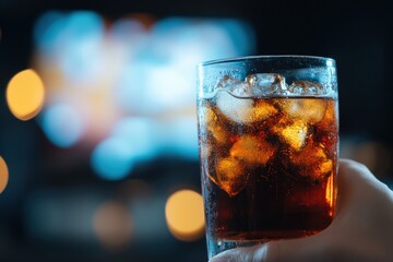 A close-up of a hand holding a glass of cola with ice, with a blurred background featuring warm bokeh lights, Ideal for showcasing beverages, social gatherings, or relaxation moments,