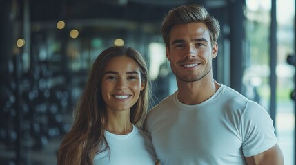 Happy couple of fitness trainers standing confidently in gym, both wearing matching white athletic outfits, workout coaches, fitness professionals, strength building, healthy lifestyle, gym interior