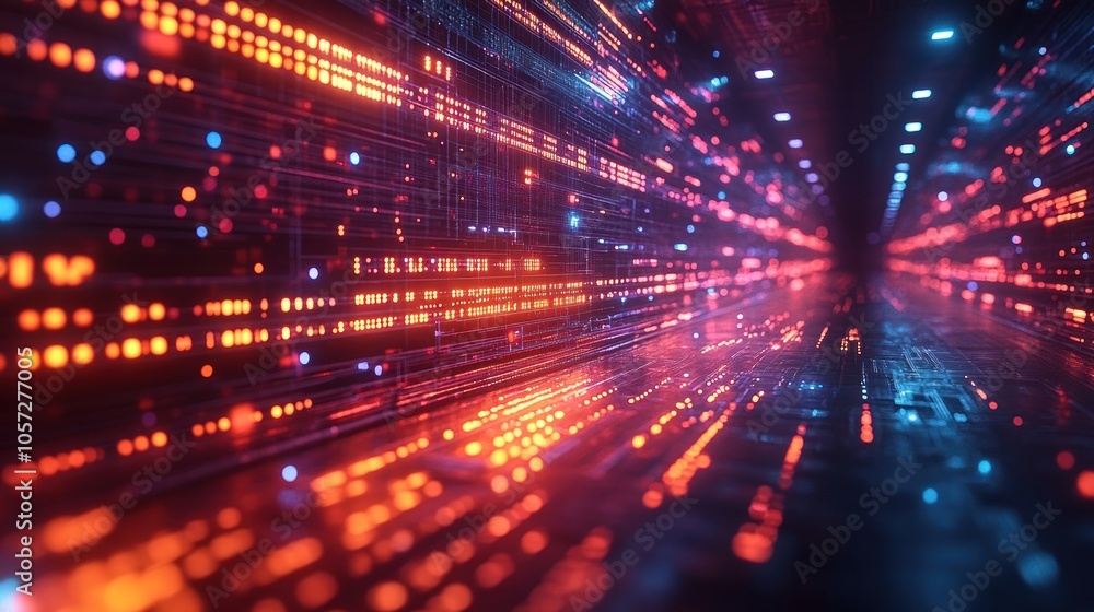 Aufkleber abstract digital tunnel with vibrant data streams and lights.