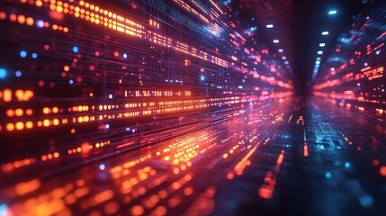 Obraz premium Abstract digital tunnel with vibrant data streams and lights.