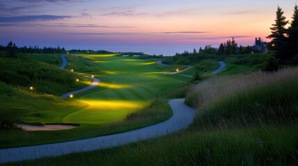 Fototapeta premium Golf course at twilight, with lights starting to illuminate the paths and greens