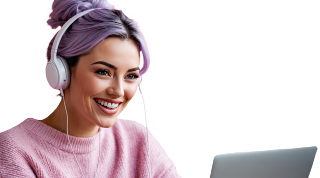 Happy Woman in Headphones Using Laptop, Isolated on Transparent Background
