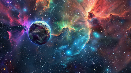 Obraz premium A breathtaking view of a multicolored nebula, sprinkled with stars, with a serene planet peacefully orbiting within this cosmic ballet