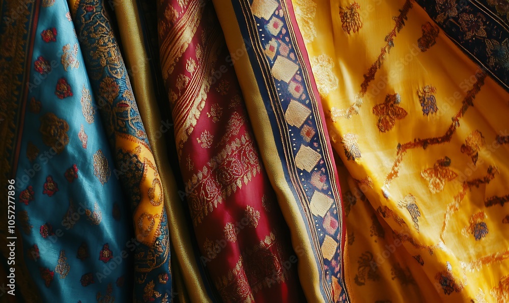 Poster a vibrant display of colorful fabrics showcasing intricate patterns and textures.