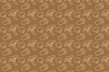 Edible mushrooms. Seamless pattern, brown background. Chanterelle, boletus, champignon. hand drawn