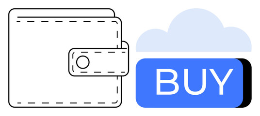 Wallet icon next to blue BUY button under cloud. Ideal for e-commerce, online shopping, digital payments, retail, financial apps, store interfaces, fintech. Line metaphor