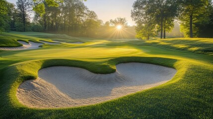 Golf course with perfectly raked sand bunkers, lit by the first light of day