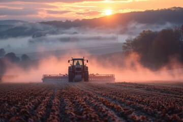 Fototapeta premium Combine harvester plowing field at sunrise, with golden light illuminating rising from the soil