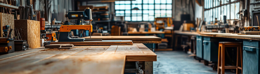 well equipped woodworking shop featuring tools and wooden surfaces, showcasing creative workspace filled with natural light and organized materials