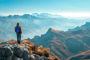Back view of lonely hiker with backpack stands on rocky mountain summit, overlooking stunning mountain range under clear blue sky