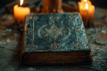 Ancient book with ornate cover sits on wooden table, surrounded by burning candles, evoking mystical atmosphere, Necronomicon Book of the Dead concept