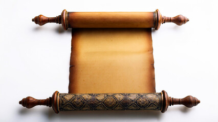 An ancient scroll in a vertical position, unrolled on a white background.