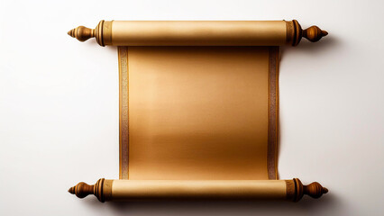 An ancient scroll in a vertical position, unrolled on a white background.