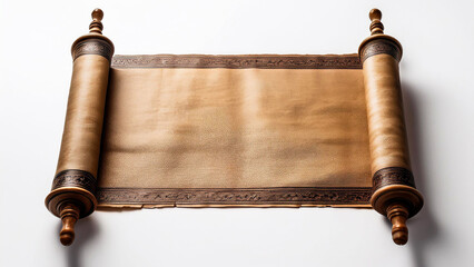 An ancient scroll in a horizontal position, unrolled on a white background.