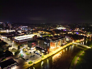 Illuminated Central Bedford City of England United Kingdom During Night. April 5th, 2024, High Angle Footage Was Captured after Sunset and Beginning of Night with Drone's Camera