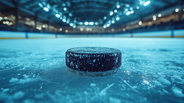 Hockey puck resting on ice in illuminated arena, sports equipment close-up, winter sports, game preparation, frozen texture, competitive scene, focus on puck, dynamic arena lights