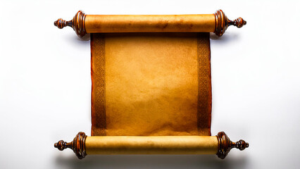 An ancient scroll in a vertical position, unrolled on a white background.