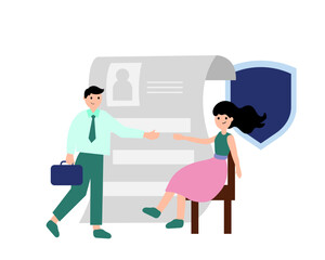 Insurance policy, girl and boy, document, shield. Vector simple color flat illustration.