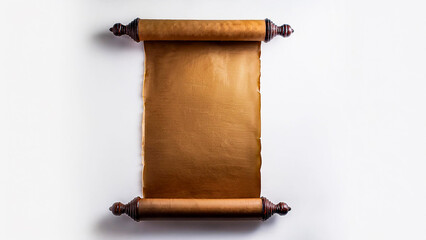 An ancient scroll in a vertical position, unrolled on a white background.