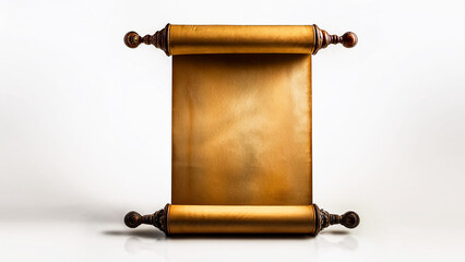An ancient scroll in a vertical position, unrolled on a white background.