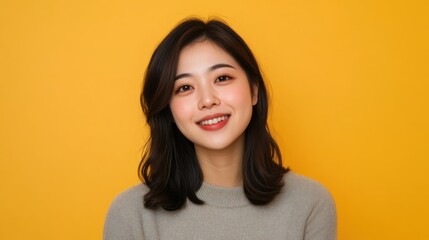 Fototapeta premium Half-body portrait of a gleeful Asian woman, looking at the camera, with a simple solid