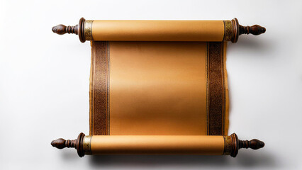 An ancient scroll in a vertical position, unrolled on a white background.