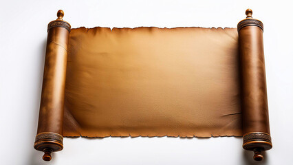 An ancient scroll in a horizontal position, unrolled on a white background.