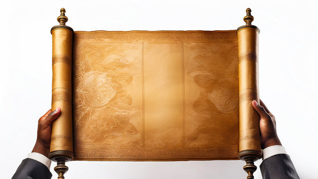 A man holds an ancient scroll in a horizontal position, unrolled on a white background.