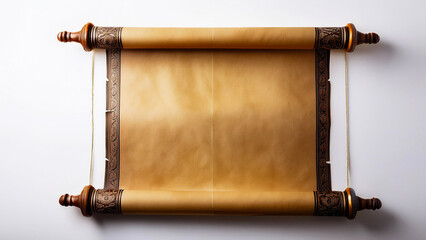 An ancient scroll in a vertical position, unrolled on a white background.