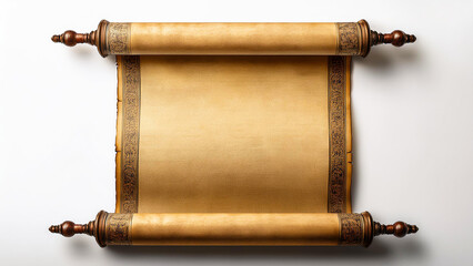 An ancient scroll in a vertical position, unrolled on a white background.