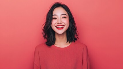 Fototapeta premium Half-body portrait of a gleeful Asian woman, looking at the camera, with a simple solid