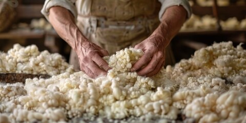 Hands of a worker processes sheep wool close-up sheep