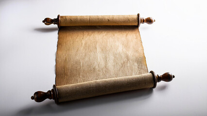 An ancient scroll in a vertical position, unrolled on a white background.