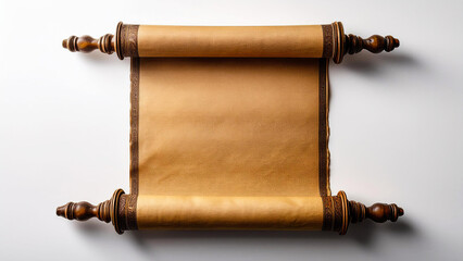 An ancient scroll in a vertical position, unrolled on a white background.