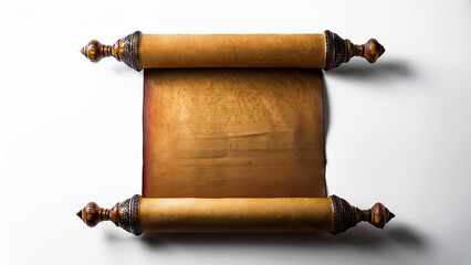An ancient scroll in a vertical position, unrolled on a white background.