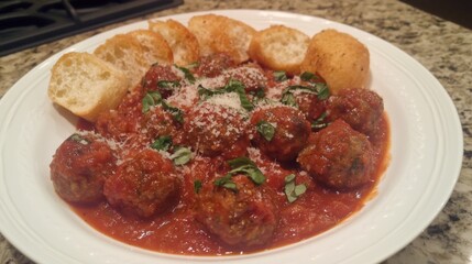 Fresh Italian meatballs in marinara sauce topped with basil and parmesan, served as a classic antipasto