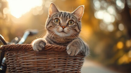 Adorable tabby cat in a wicker basket outdoors, golden sunset background, cute pet, whiskers, animal portrait, playful feline expression, warm lighting, cozy natural setting, peaceful mood